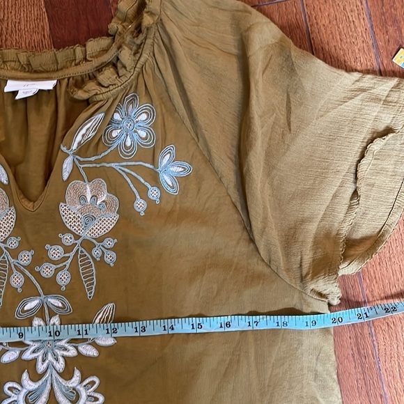 J.Jill | Floral Embroidered Flowy Yellow Gold Ruffle Collar Tee Medium Boho - Picture 9 of 10
